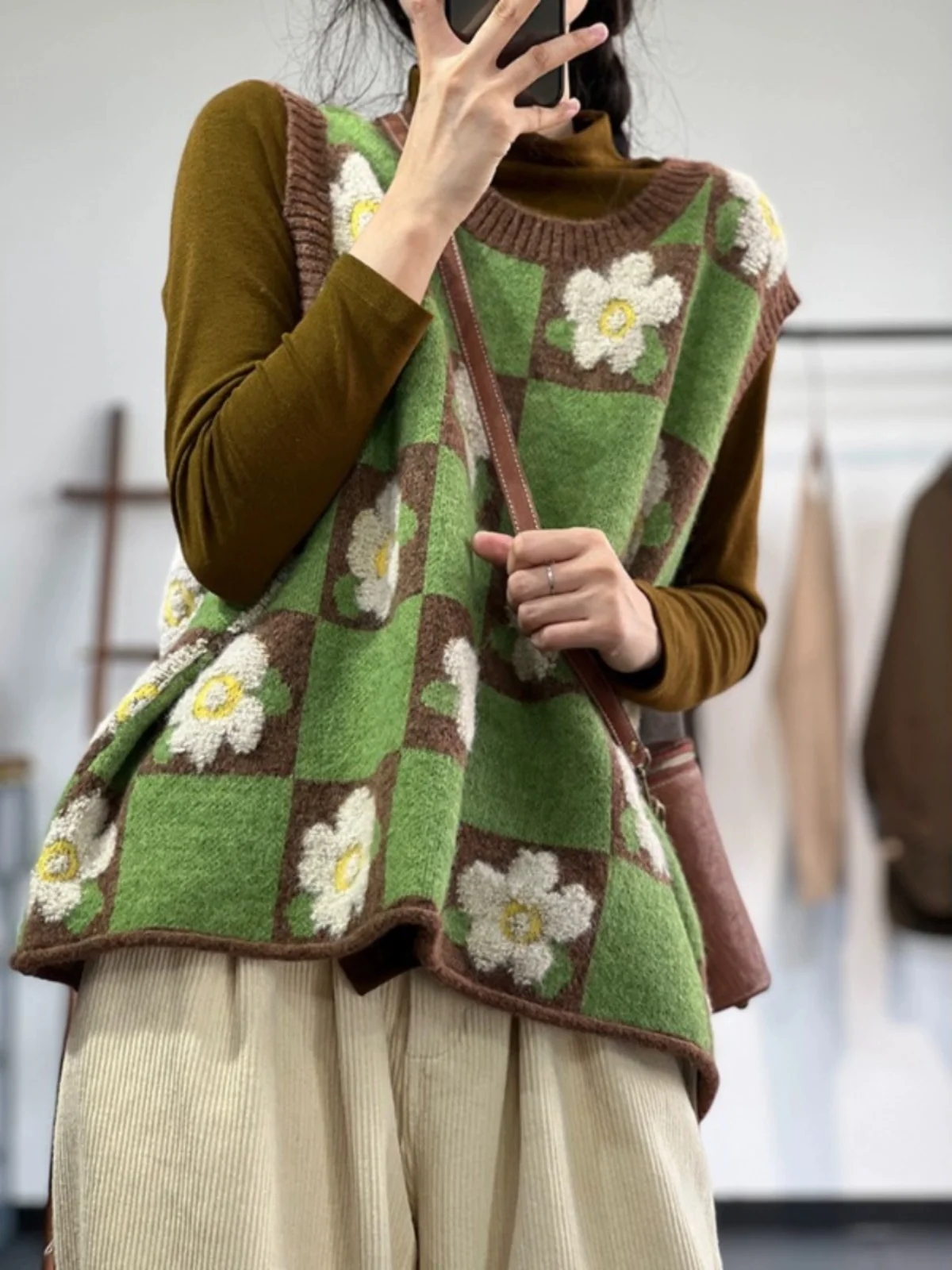 

plus Size Knitted Woolen Vest Floral Print Color Blo round Ne Versatile Sweater for plus Size Women Autumn Winter Faion