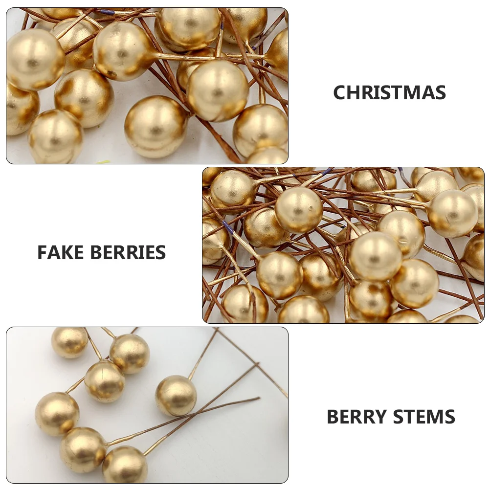 200 Pcs Faux Red Berry Foamy Berries Christmas Tree Decorations Simulation Branch Golden Artificial