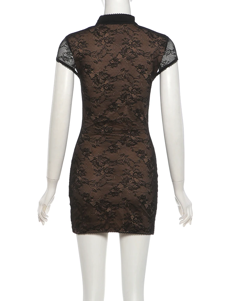 Weird Puss Blumen-Dekorationskleid für Damen, Hottie Patchwork-Spitze, hohler Stehkragen, eng anliegendes Hottie-Midnight-Sexy-Mini-Bodycon-Kleid – Detail 5