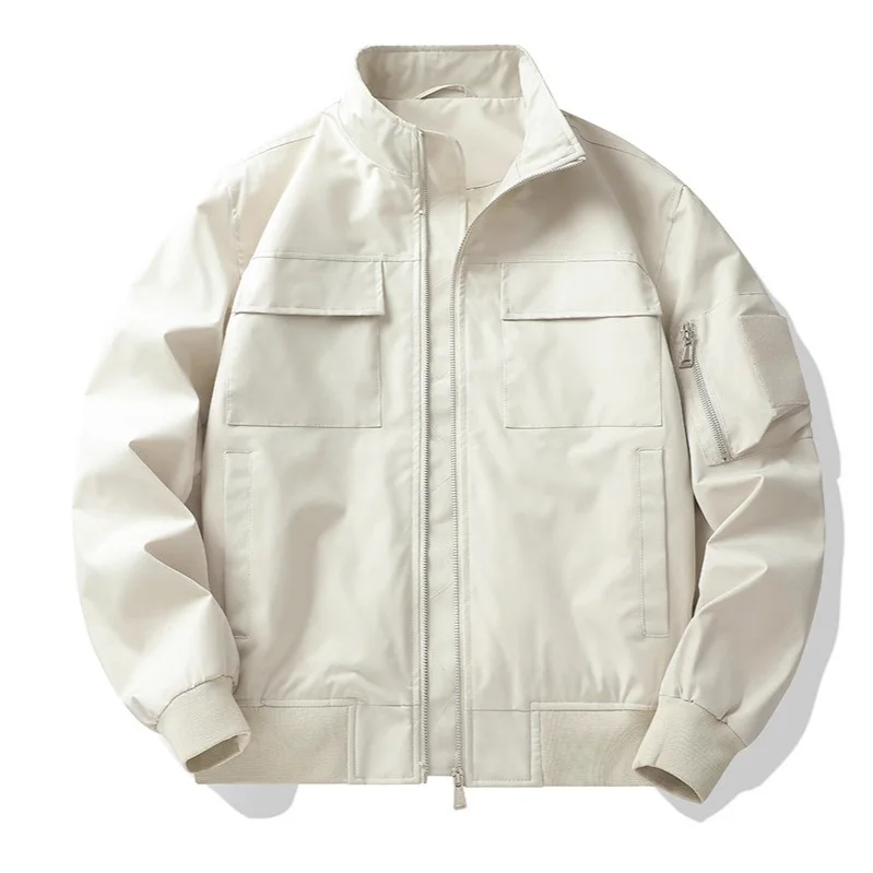 

Мужская куртка-бомбер, осенне-зимняя винтажная однотонная мужская куртка-карго с воротником-стойкой и длинным рукавом на молнии, ветрозащитная уличная мужская верхняя одежда