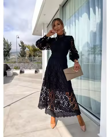 New French Lace Dress Stand-Collar Puff-Sleeve Slim-Fit Belted-Waist Elegant Maxi Dress Women's Evening Gown Summer Chic Outfit