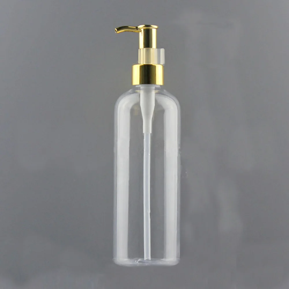 300ml&500ml 4 color available round shape Refillable Squeeze PET Portable plastic lotion bottle with alumite gold color pump