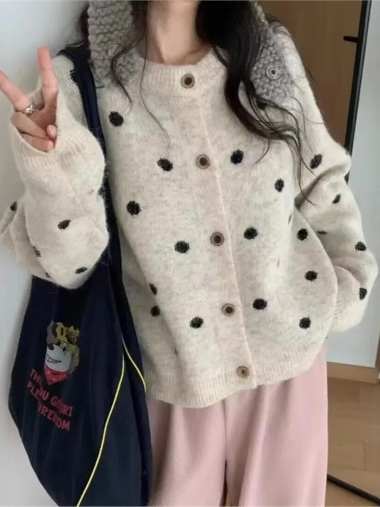 

2025 Knitted Cardigans Winter Clothes Woman Pulls Femmes Comfortable Polka Dots Simple Style All-match Casual Commuting Office