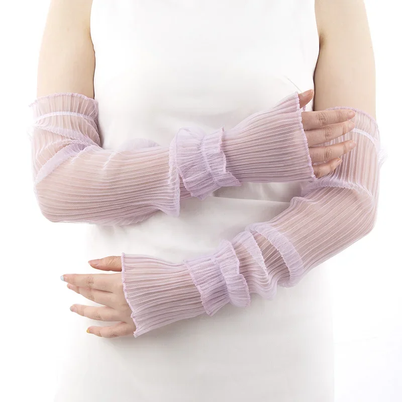 Guantes largos sin dedos de verano para mujer, mangas de protección solar para exteriores, manga fina de malla de encaje para brazo, protección solar, mitones de conducción Uv