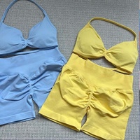 2PCS Yoga Fitness Suit Women's Seamless Lace-Up Yoga Bra Top High Waist Workout Scratch Shorts Sports Suit Fitness Suit