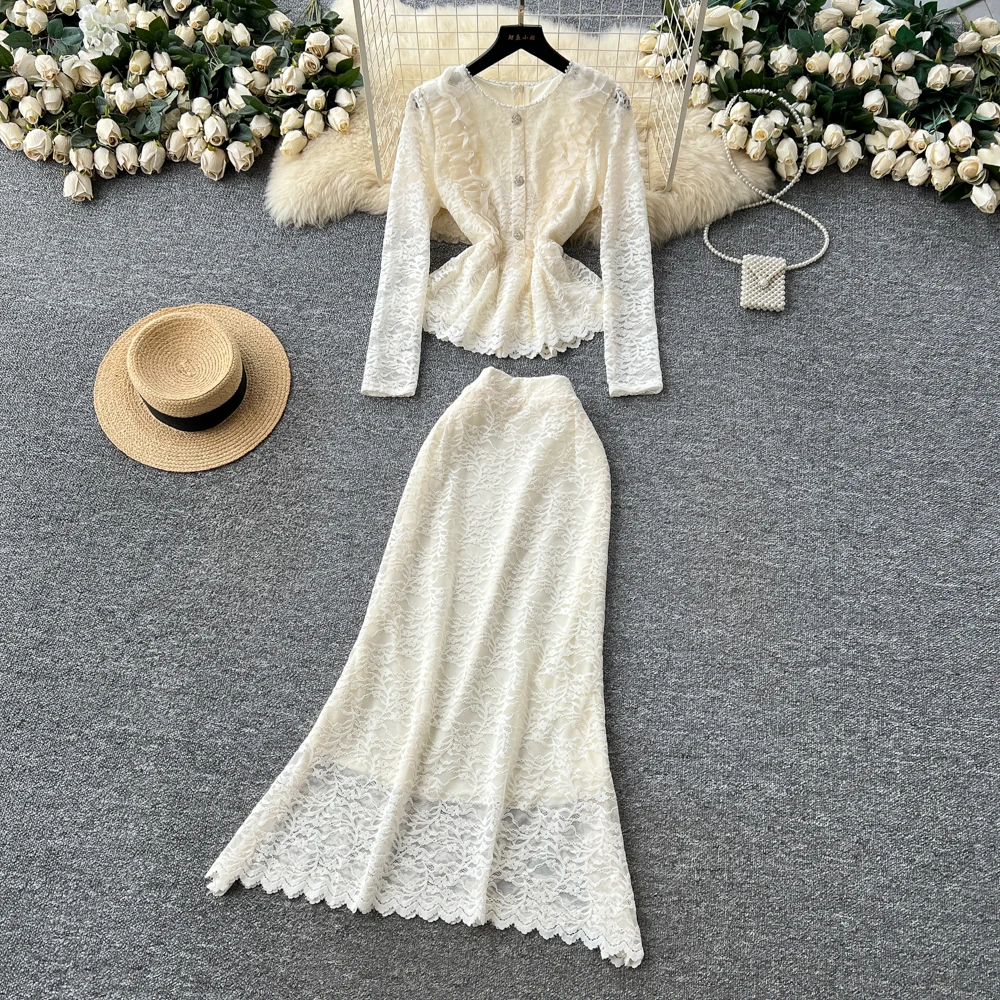 

Винтажная съедобная пуговица с длинным рукавом и длинными рукавами, элегантная фея, корейская модная женская одежда, комплект из двух предметов