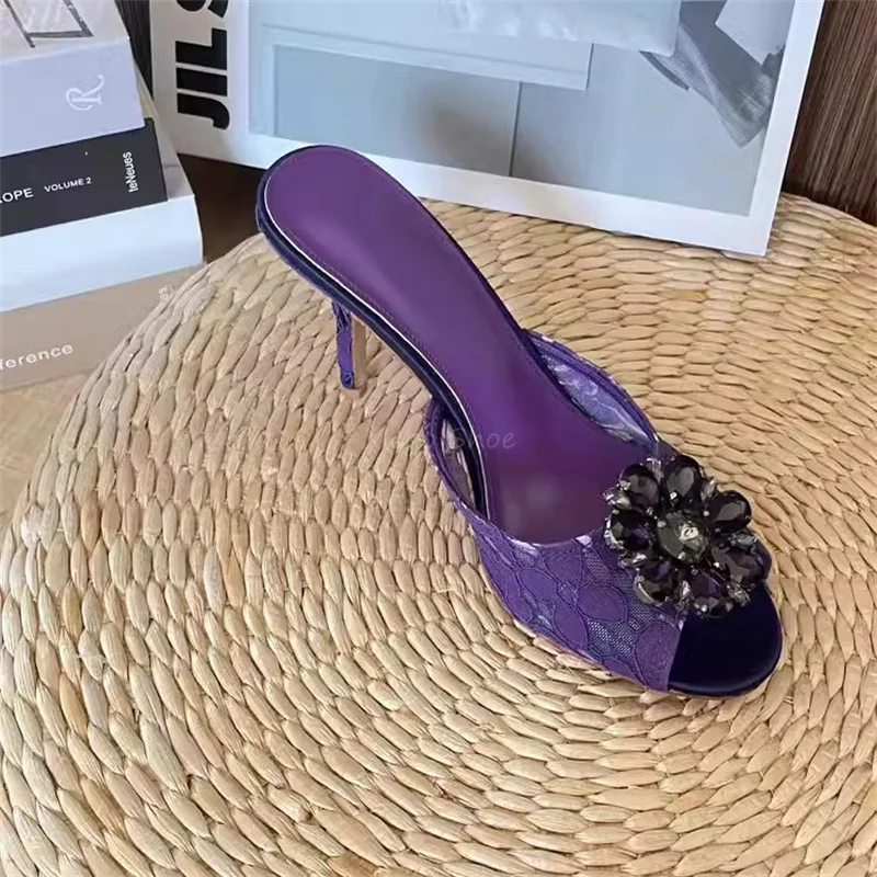 Lace Diamond Decor High Heels Slippers for Women New Fashion Thin Heel Lady Open Toe Half Shoes Outwear Sandals Large Size 41-43