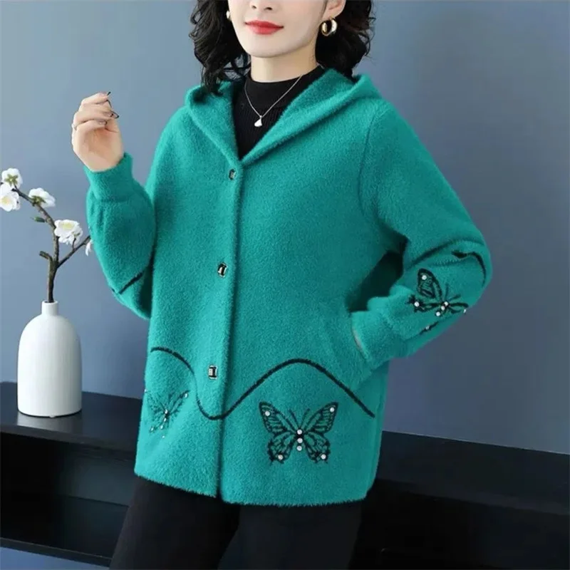 Mother's Embroidered Jacket Imitation Mink Coat Women's Autumn Winter Clothes 2025 New Female's thick Hooded Coat Butterfly