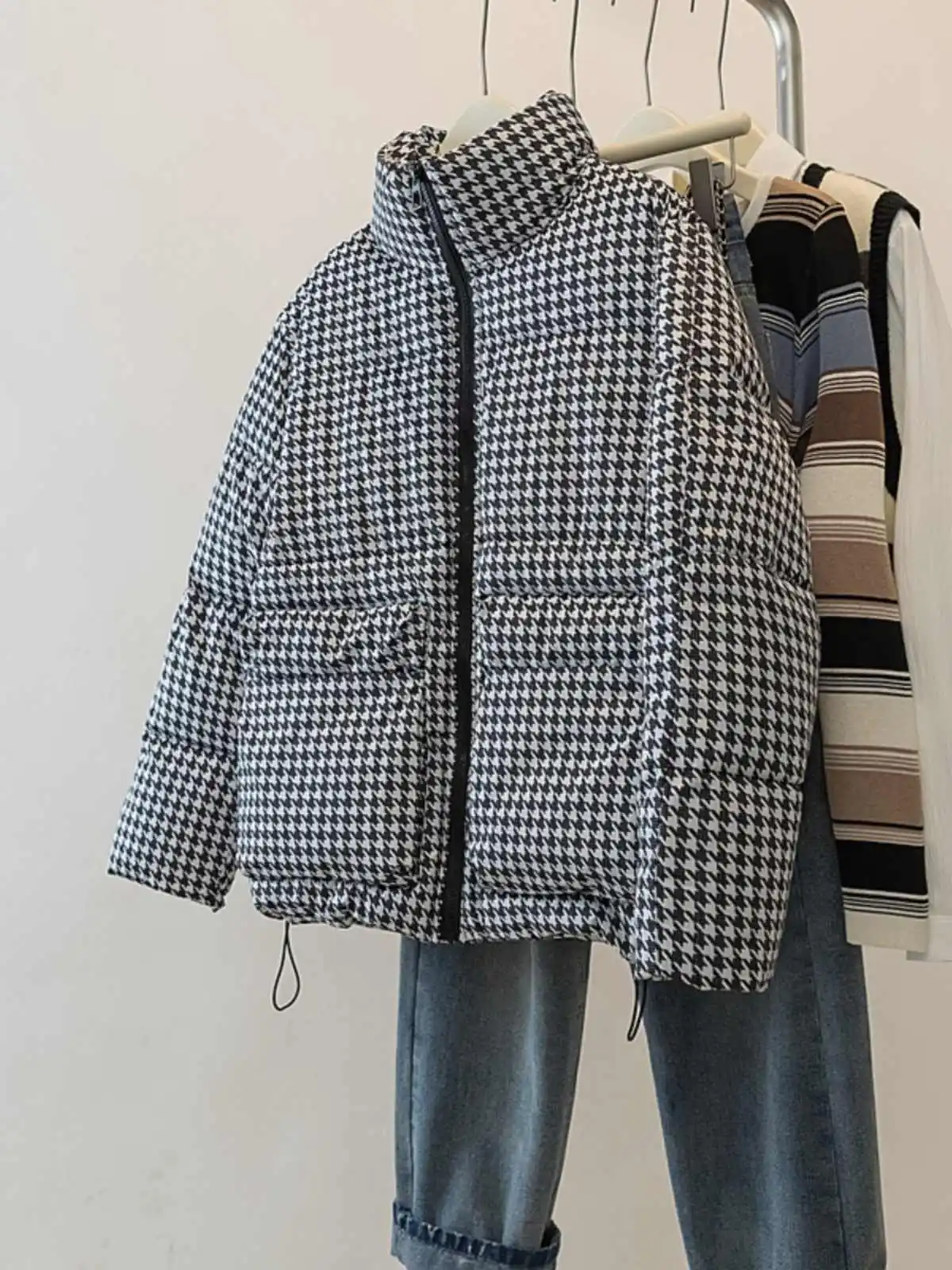 Houndstooth Cotton Jacket Women 2024 Autumn  Winter New Loose Long Sleeve Coat Fashion Stand Up Collar Thickened Warm Coat