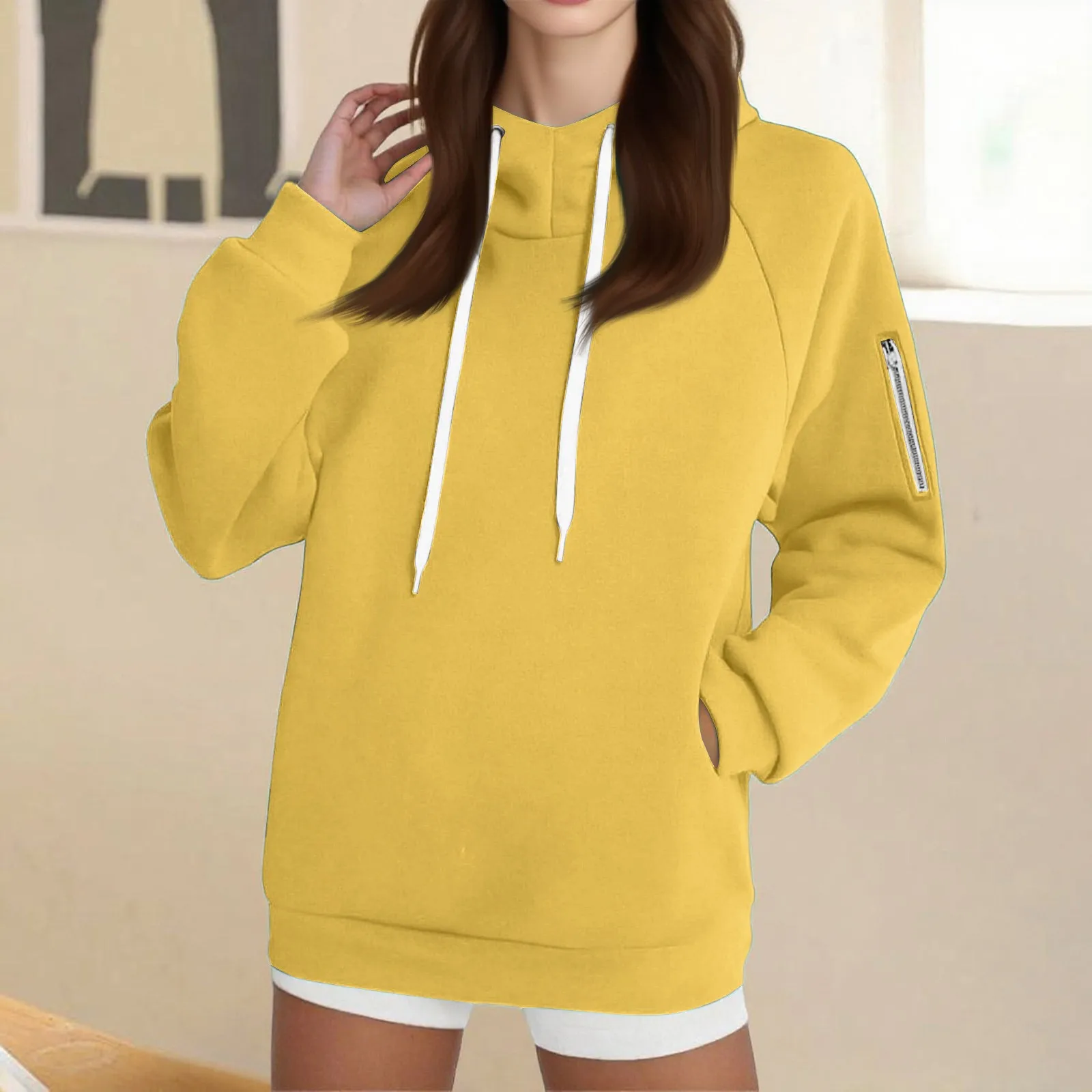 Sweater Hoodie Wanita Oversize Lengan Panjang Resleting Tali Serut Warna Solid Sudaderas De Mujer Pakaian Wanita 2025