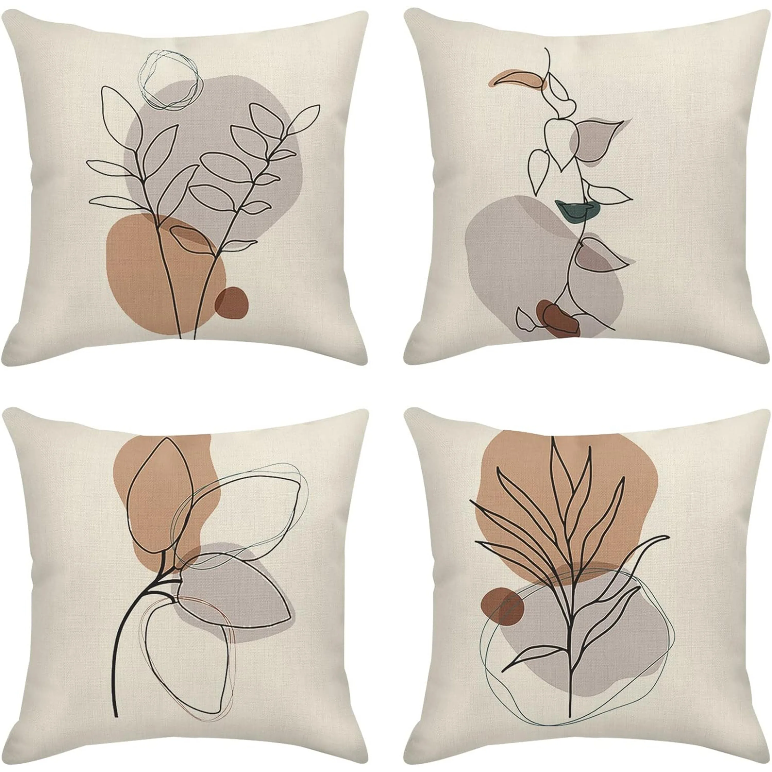 Juego  4 fundas  cojín estampadas en tonos Morandi, con diseño botánico  arte lineal simple, creando un ambiente hogareño