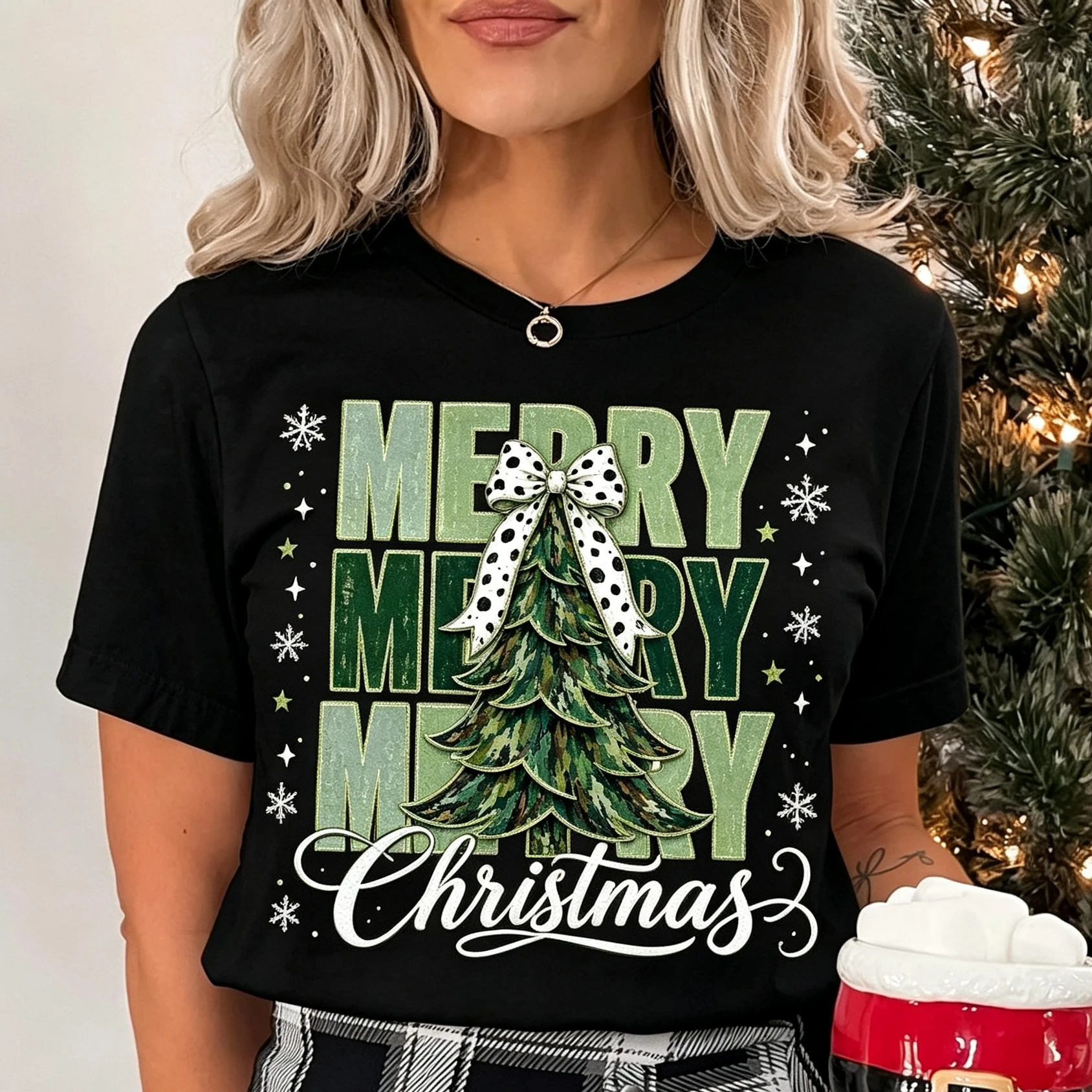 Women Christmas T Shirt Green Stacked Merry Christmas Tree Dalmatian Bow Camouflage Short Sleeve Crew Neck Xmas Wear for Women