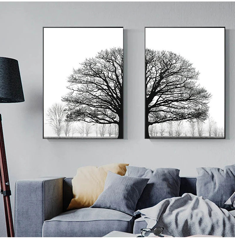 Winter Tree Wall Art Print Black and White Painting Decorative Pictures Scandinavian Style Trees Posters Living Room Home Decor