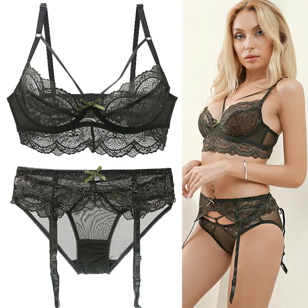 Sujetadores de encaje para mujer, conjunto de ropa interior Sexy, ligas y calzoncillos, sujetador de talla grande transparente negro, blanco, verde, copa A, B, C, D, E, sostén no forrado