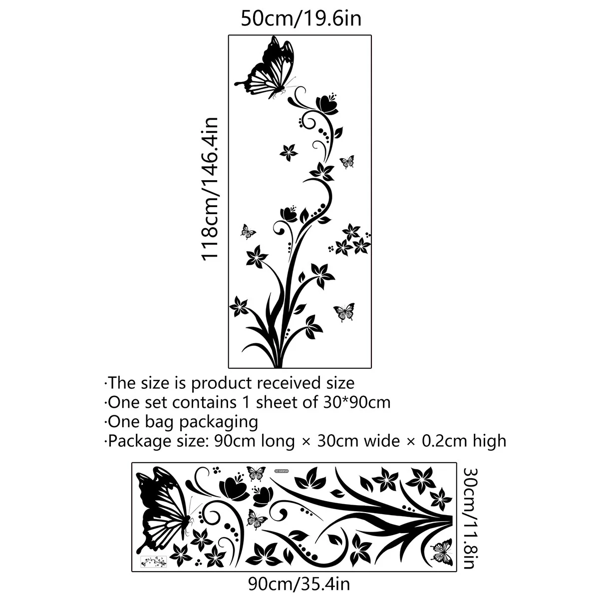 30*90cm Black Flower Butterfly Wall Stickers Fridge Backwall Living Room Bedroom  Restaurant Decorative Mural Pvc Wall Stickers