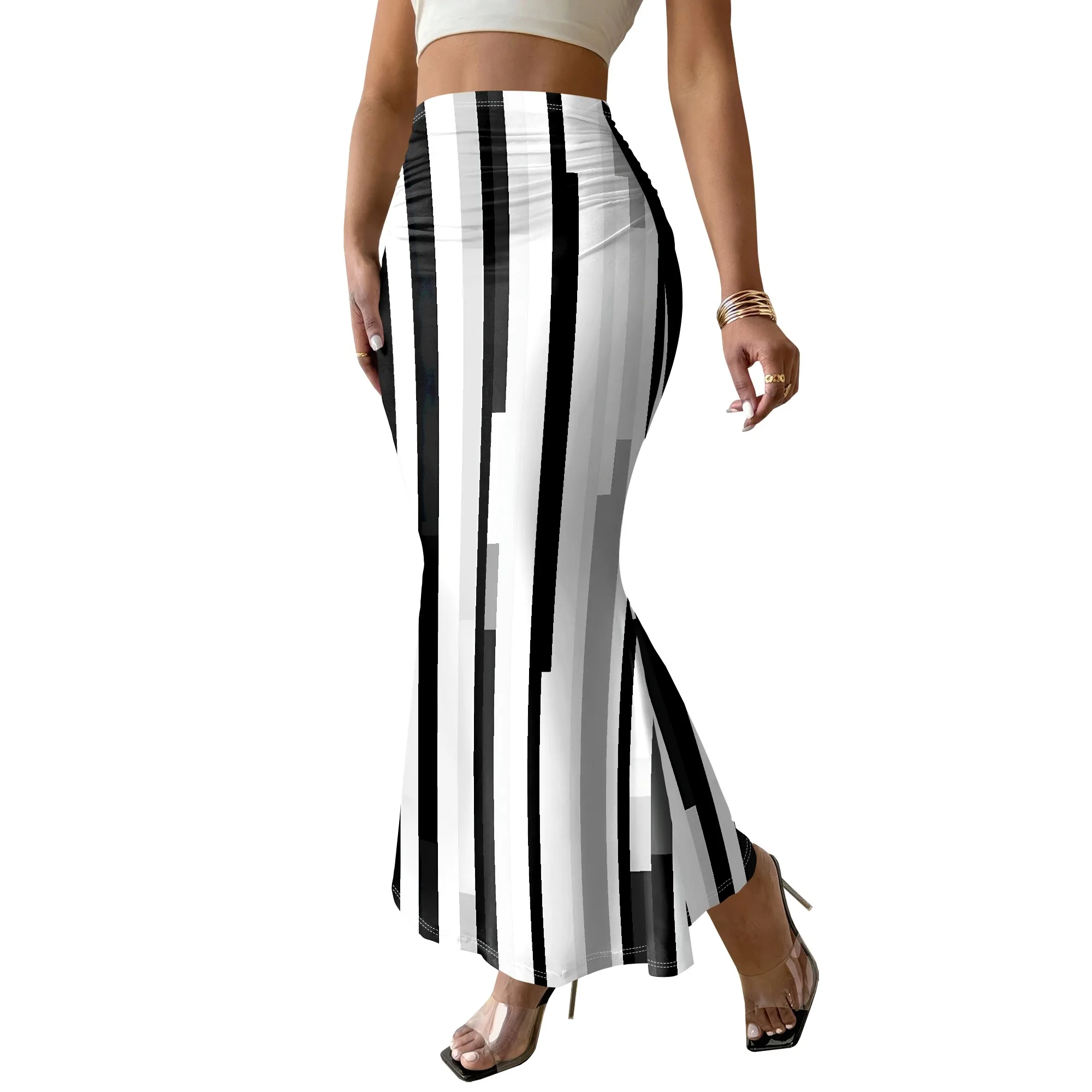 Black White Striped Mermaid Skirt, Vertical Line Print Long Skirt, High Waist Split Hem Skirt for Women Party Clubwear S-2XL