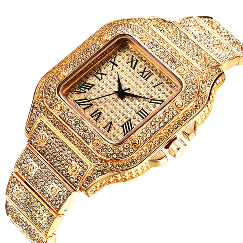 

Часы для мужчин и женщин, роскошные часы Iced Out, золотые кварцевые квадратные наручные часы со стразами, часы в стиле хип-хоп, мужские Relogio, оптовая продажа
