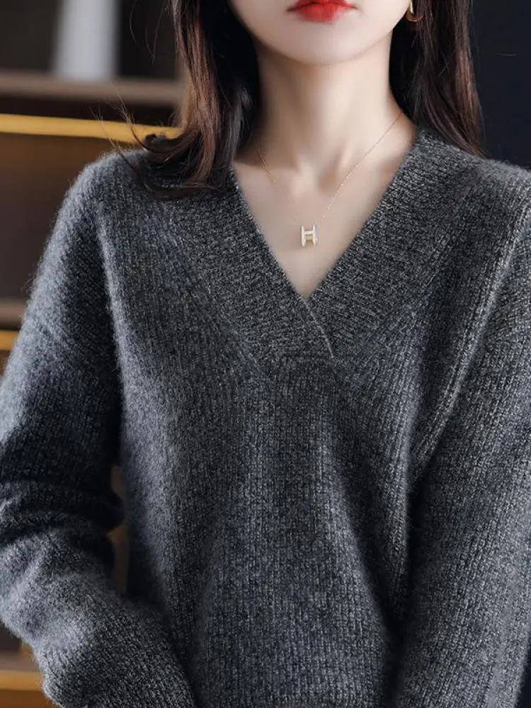 V-Neck Autumn Winter Sweater pullovers Women 2024 loose thick cashmere Sweater Pullover women oversize sweater jumper