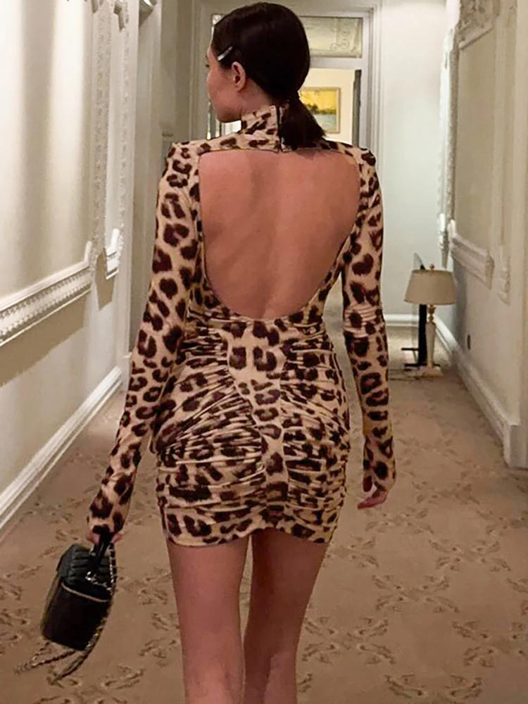 

JULISSA MO Print Leopard Sexy Backless Turtleneck Mini Dress Women Long Sleeve Draped Dress Autumn Slim Elegant Party Club Dress