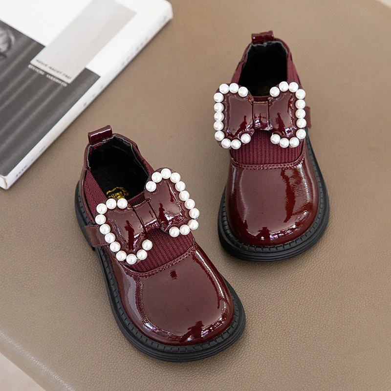 1-12 Year Kids Leather Shoes for Girls Flats Spring Pearls Bow Princess Mary Jane Shoes Baby Toddler Dance Performance Shoes