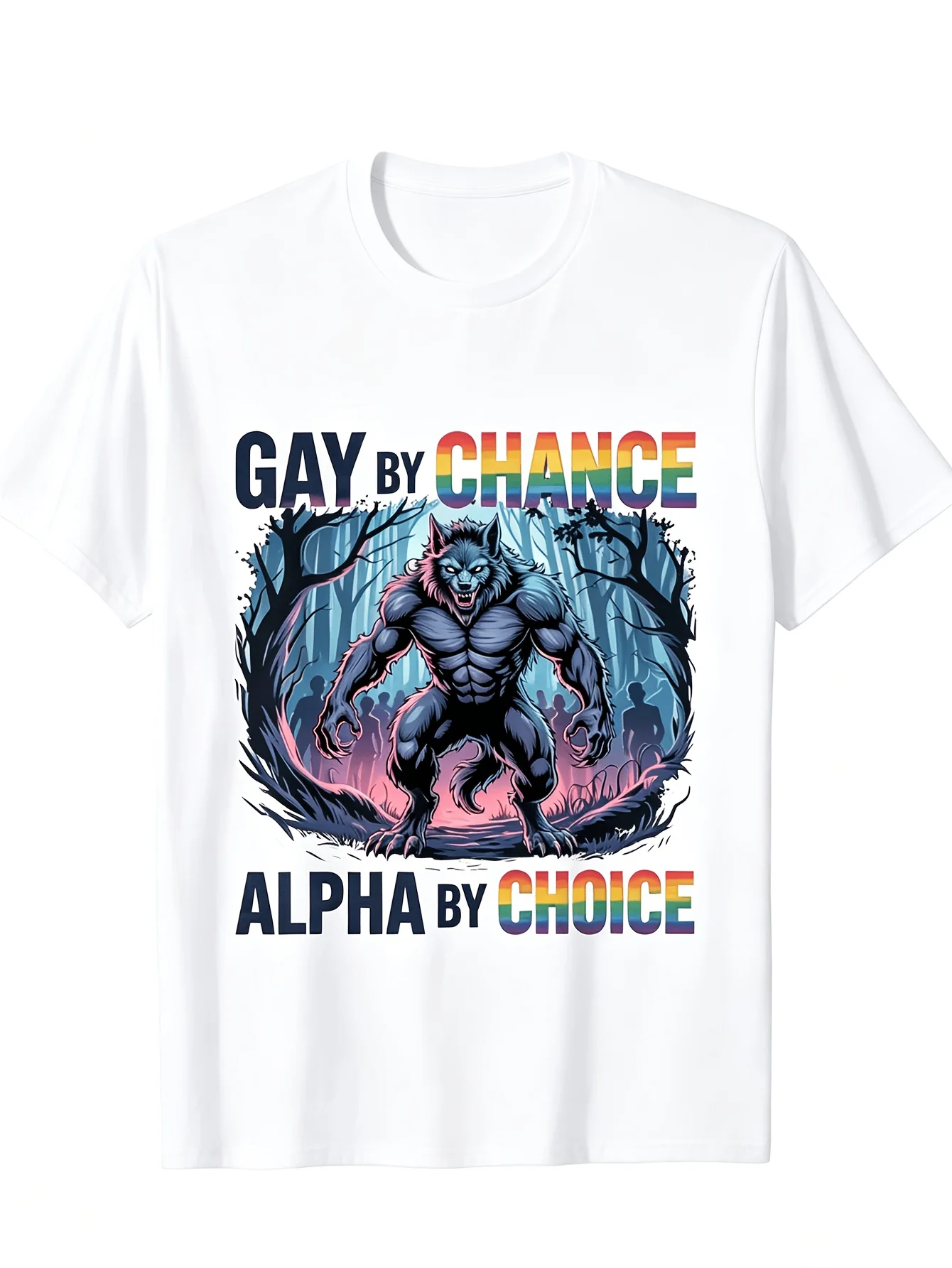 Men'S Short Sleeve T-Shirt Rainbow Alpha Werewolf Forest Graphic Tee Gay By Chance Alpha By Choice Theme Print