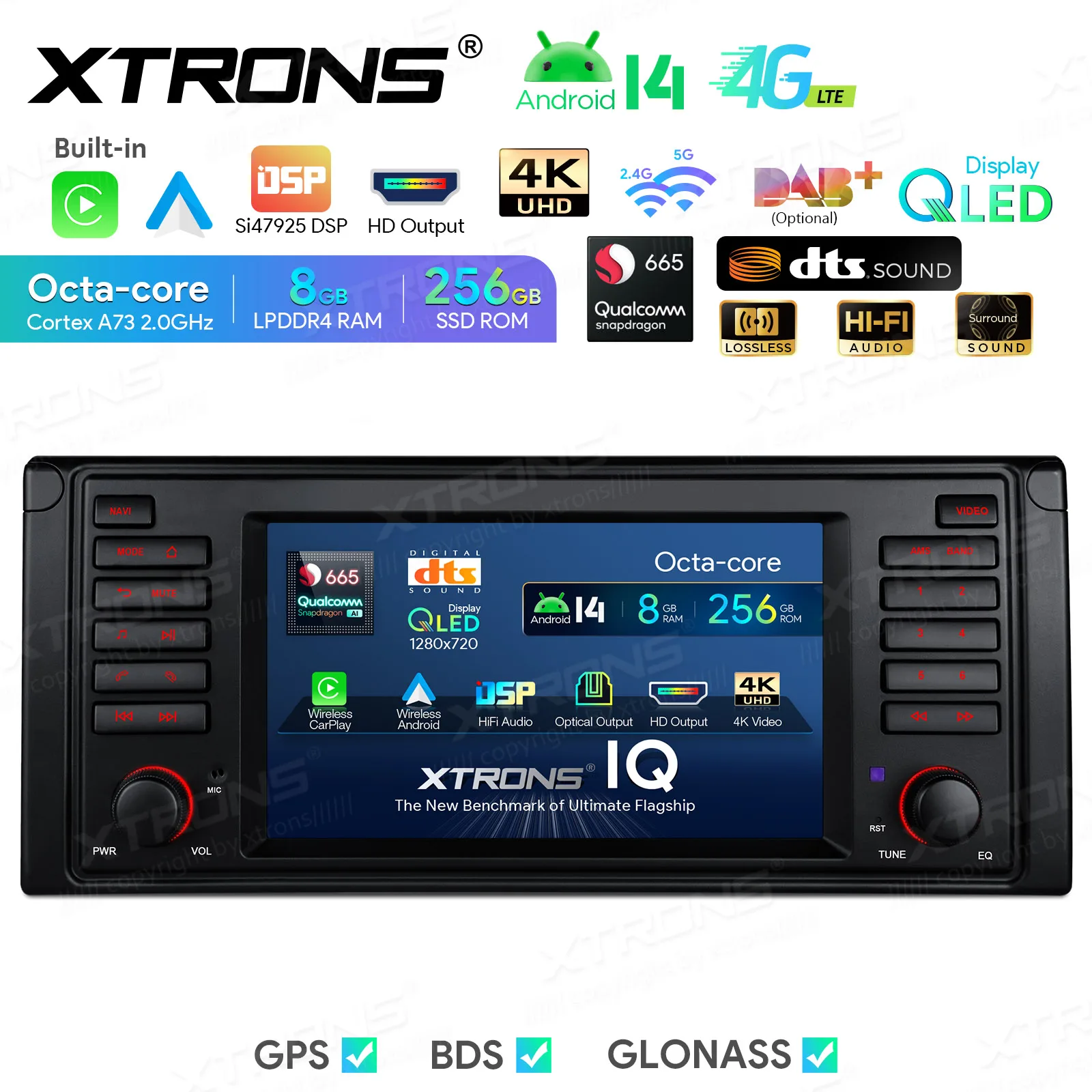 XTRONS 7 Zoll Android 14 QLED Autoradio für BMW E39 M5 Qualcomm Octa Core 8+256G Auto-Multimedia-Player mit integriertem DSP CarPlay AA 4GLTE