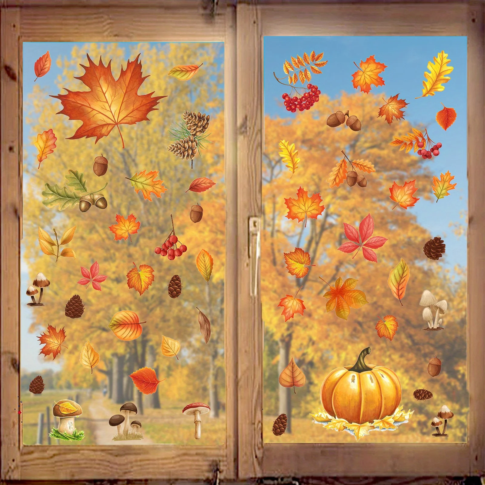 Autumn Window Clings, Pumpkin & Leaf Double Sided Glass Stickers, Thanksgiving Fall Window Decals for Home Shop Window Decoratio