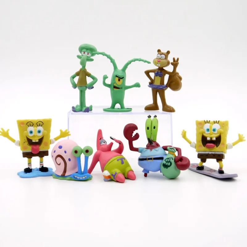 8Pcs SpongeBob SquarePants Ornament Doll Toy Hand Model Cake Fish Tank Micro Landscape Scene Shape Ornament Boy Birthday Gift