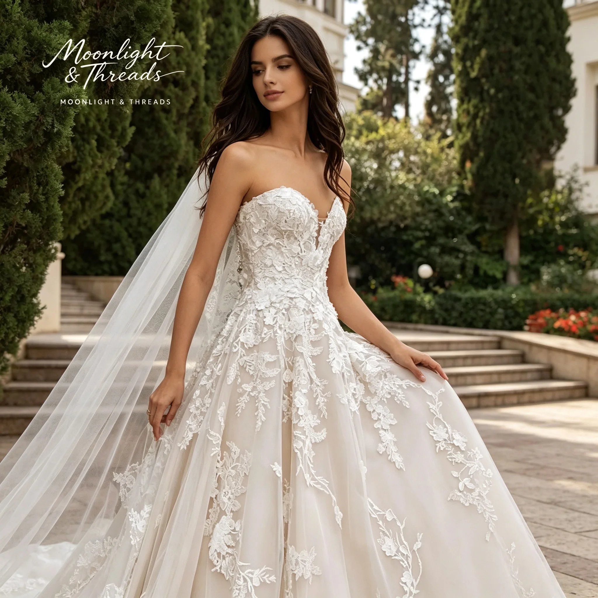Boho Strapless Sweetheart Neckline Bridal Gown 3D Floral Lace Appliques Corset A Line Wedding Dress With Train view 3