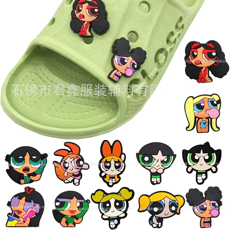 Anime Charms of Powerpuff Girls Fivela de sapatos Acessórios DIY Charm Cartoon, Natal e presentes de aniversário para crianças, 1pc