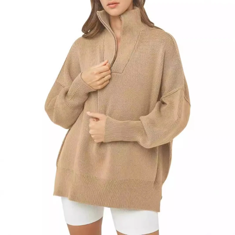 

Semi-zipper Stand-up Collar Sweater Women's Autumn and Winter Lazy Wind Loose Pullover Sweater Women's Coat