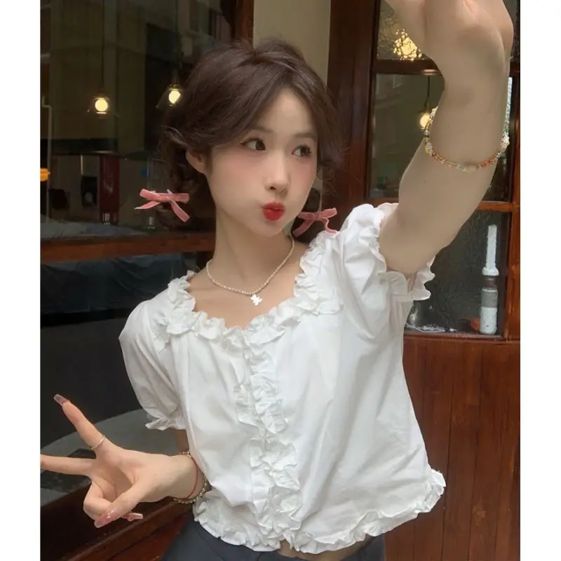 Short Sleeve Y2k Vintage White Camisa Sweet Crop Tops Shirts Slim Preppy Style Edible Tree Fungus Chemises American Ruched Women