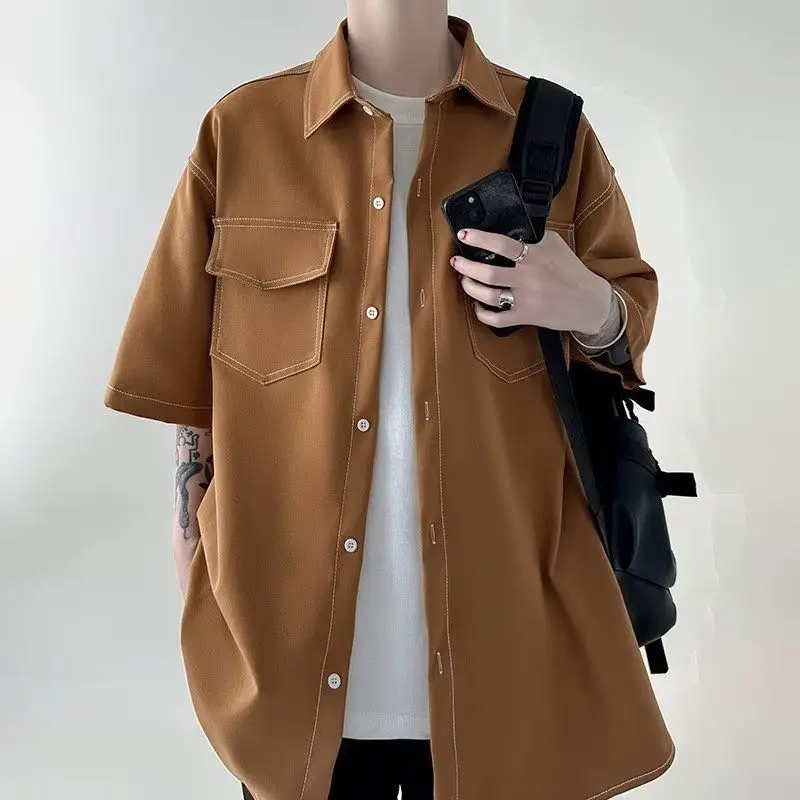 

Elegant Fashion Harajuku Slim Fit Ropa Hombre Loose Casual Sport All Match Outerwear Pointed Collar Pockets Short Sleeve Blusa