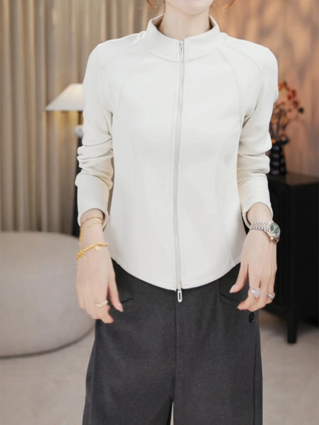 

Белый флисовый кардиган с воротником-стойкой и длинными рукавами, укороченный, приталенный, для женщин, осенне-зимний, модный, для девушек