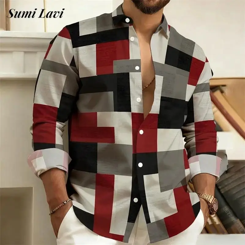 

Casual Turn-down Collar Button-up Shirts Mens Spring Vintage Long Sleeve Patchwork Shirt Daily Leisure Men Block Printing Shirt