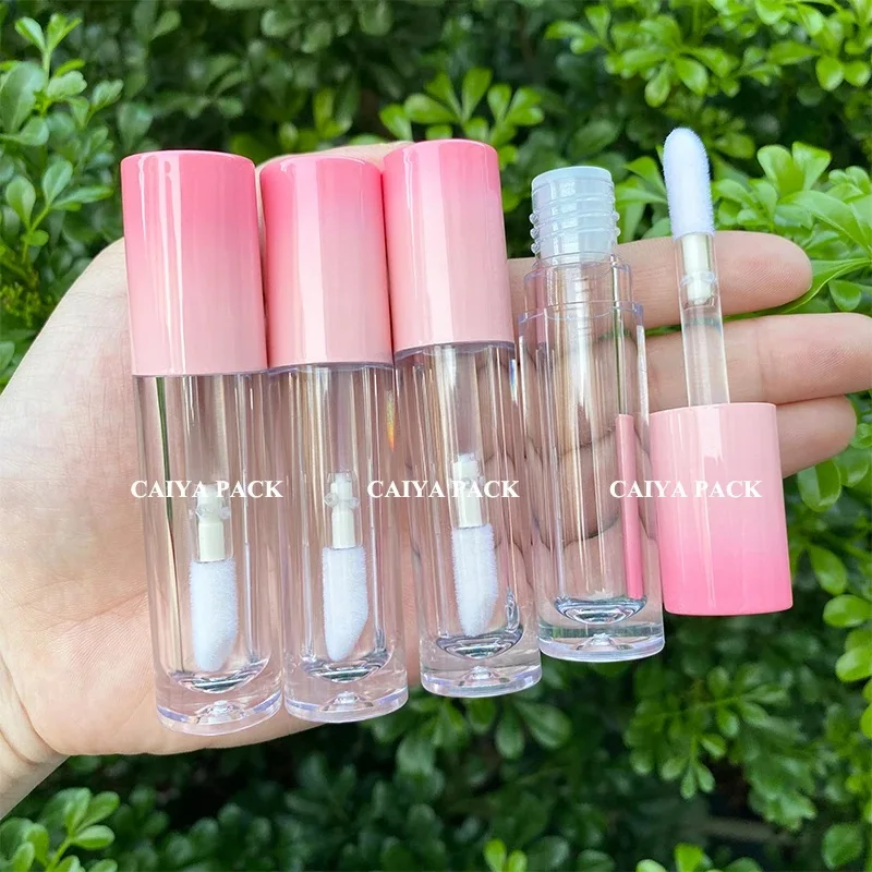 

10-200pcs 5ml PINK cap cosmetic lipgloss packaging container transparent empty lip gloss lip glaze big doe foot brush tube