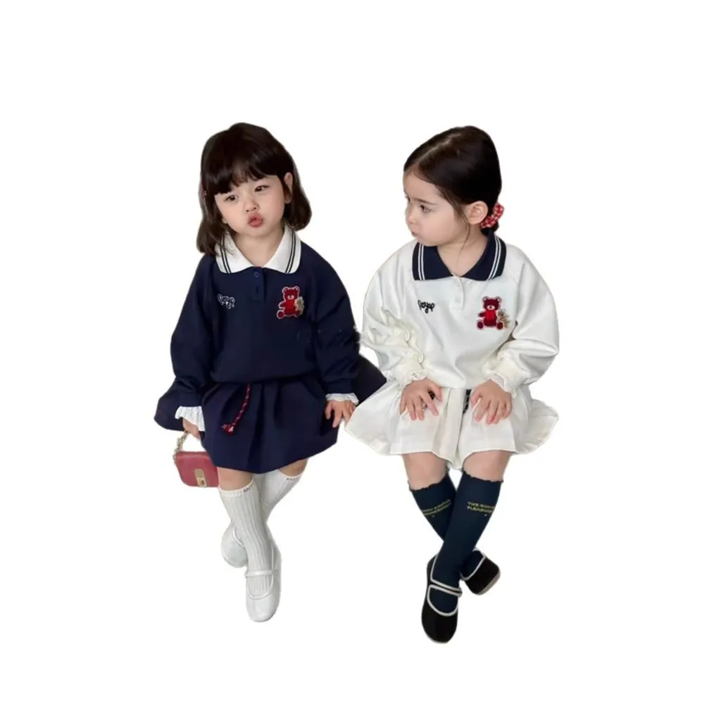 Girls Set College Style 2025 Spring Autumn Cartoon Bear Polo Shirt Solid Pleated Skirt Two-piece Set Children Girls Outfits