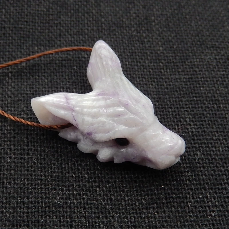 Customized Jewelry Natural Stone Purple Lace Agate Handcarved Wolf Head Necklace Accessories Pendant Bead 24x17x10mm 4g