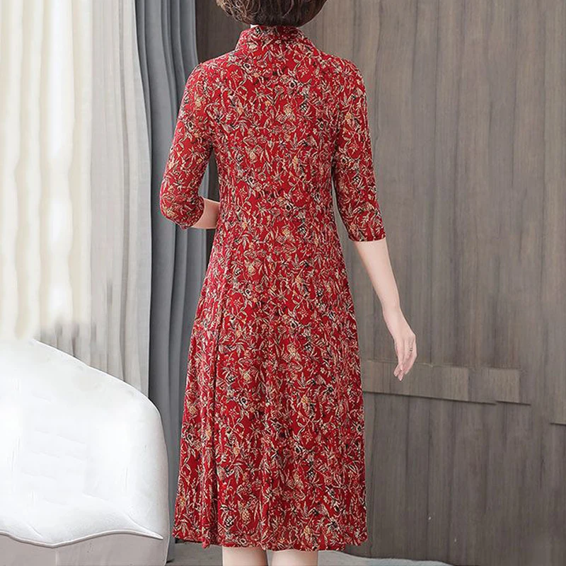 Middle Aged Women Vintage Floral Print Elegant Slim Three Quarter Sleeve Shirt Midi Dress Spring Casual Fashion Dresses Clothes