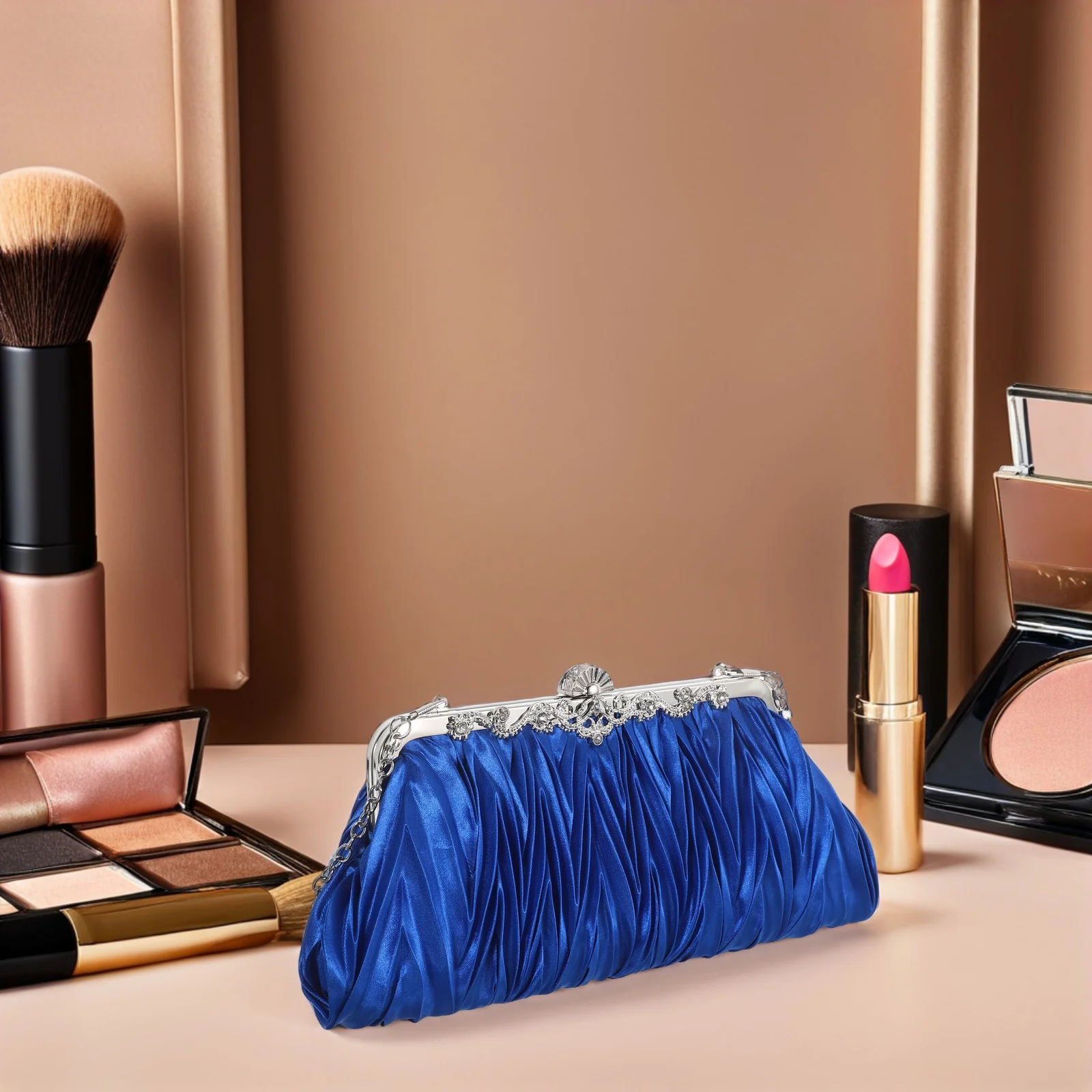 

Women'S Royal Blue Satin Pleated Clutch Bag Wedding Party Prom Purse Handbag With Detachable Chain Shoulder Strap Cocktail