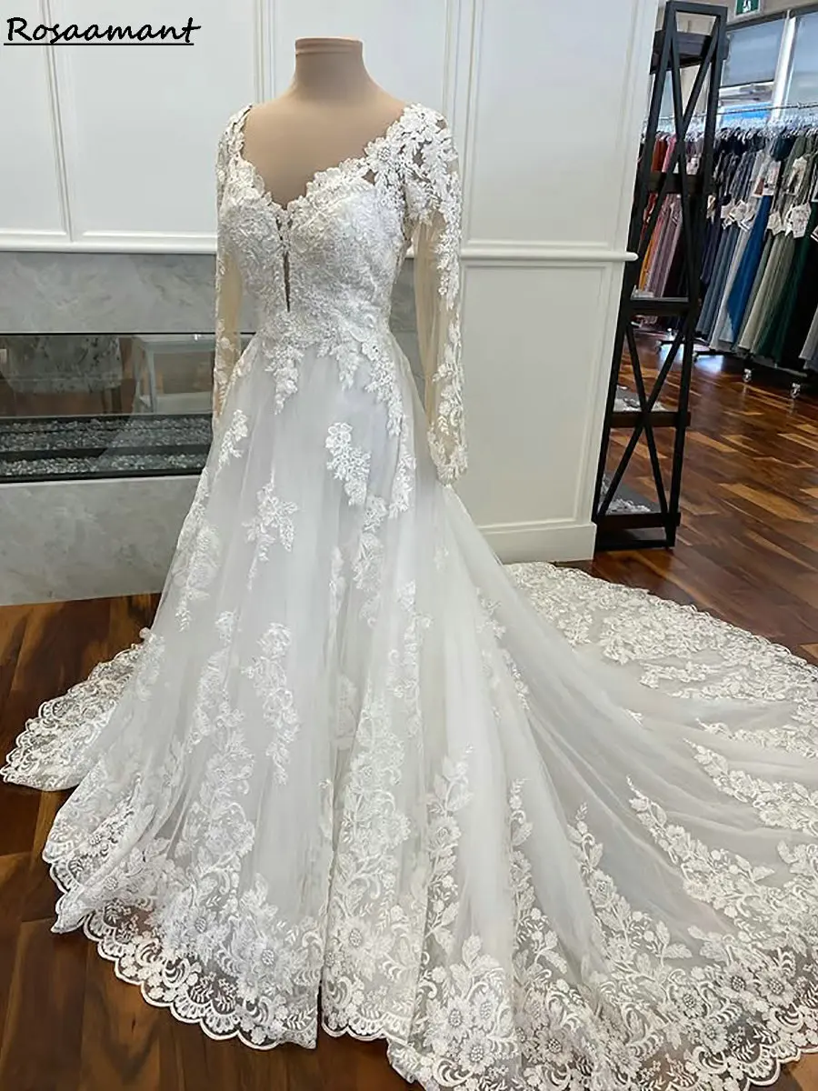 

Luxury Long Sleeve Illusion Back A-Line Wedding Dresses V-Neck Appliques Lace Country Bridal Gowns