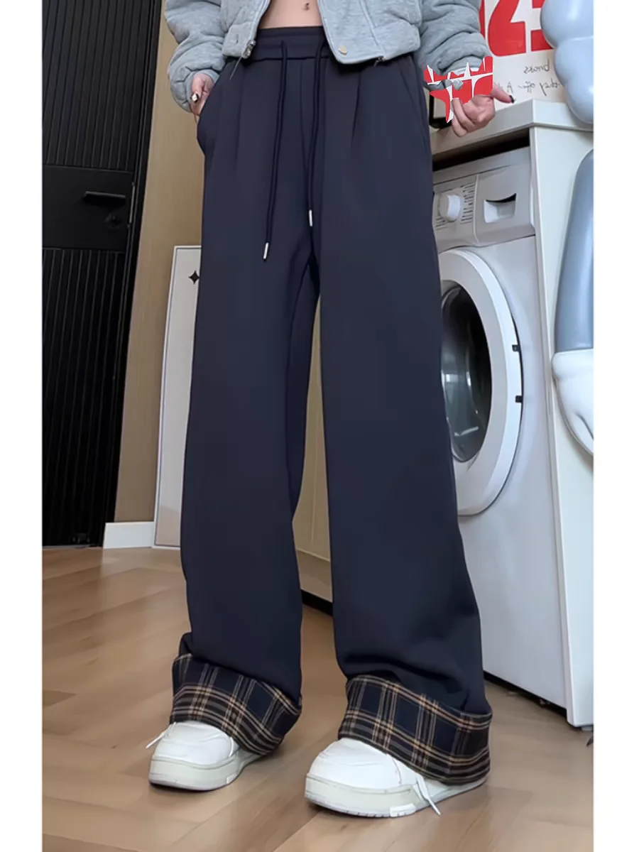 Pantalon de survêtement lourd gris fleur pour femme, polaire épaisse, chaud, à carreaux, jambes larges, ample, Style paresseux, jambes droites, hiver