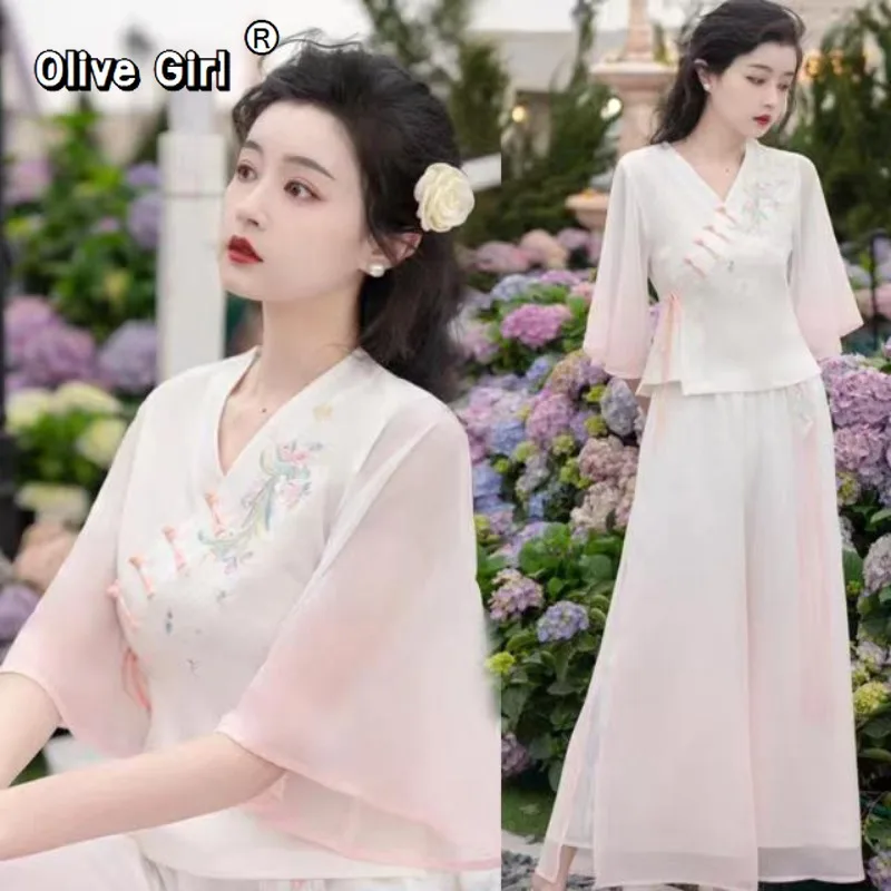Olivegirl Plus Size Women's Embroidery Shirt Blouse Flared Sleeves Top Wide-leg Pant Oversized Elegant Chiffon Trousers Clothing