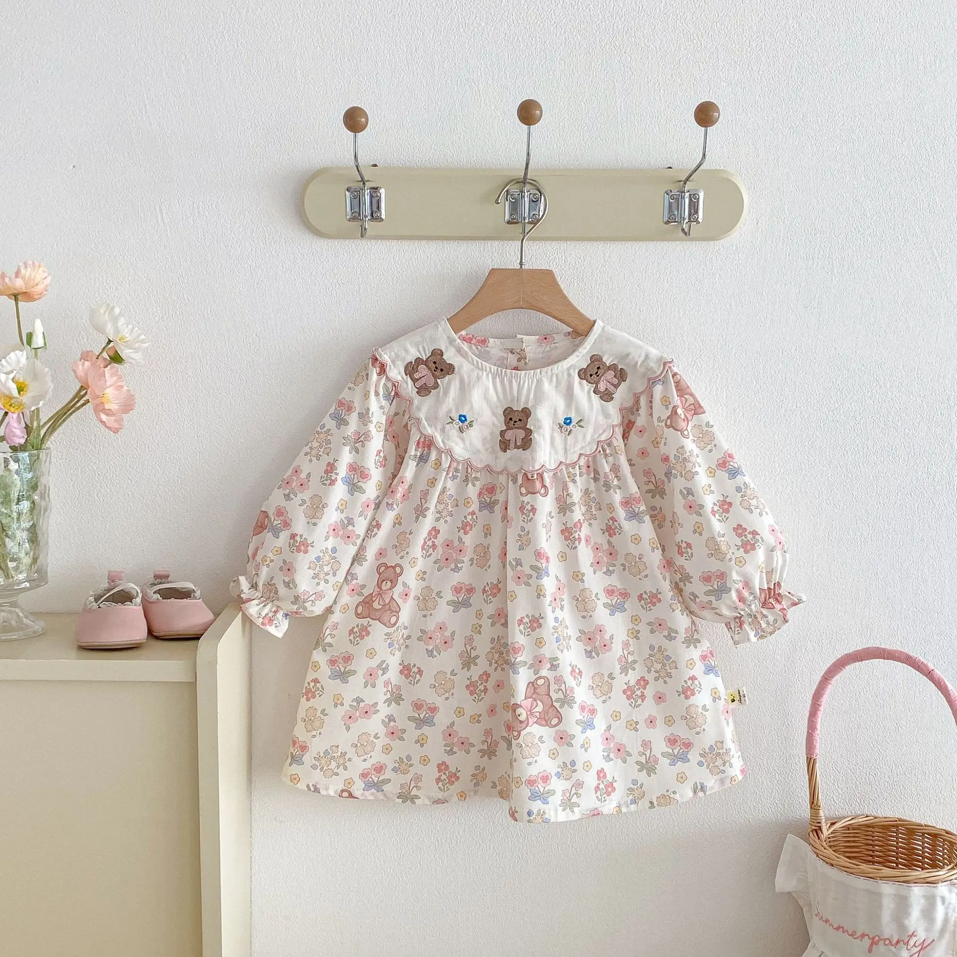 2026 Spring New Girls Long Sleeve Dress Cute Bear Embroidery Baby Girl Sweet Princess Dress Children Cotton Dress Kids Clothes
