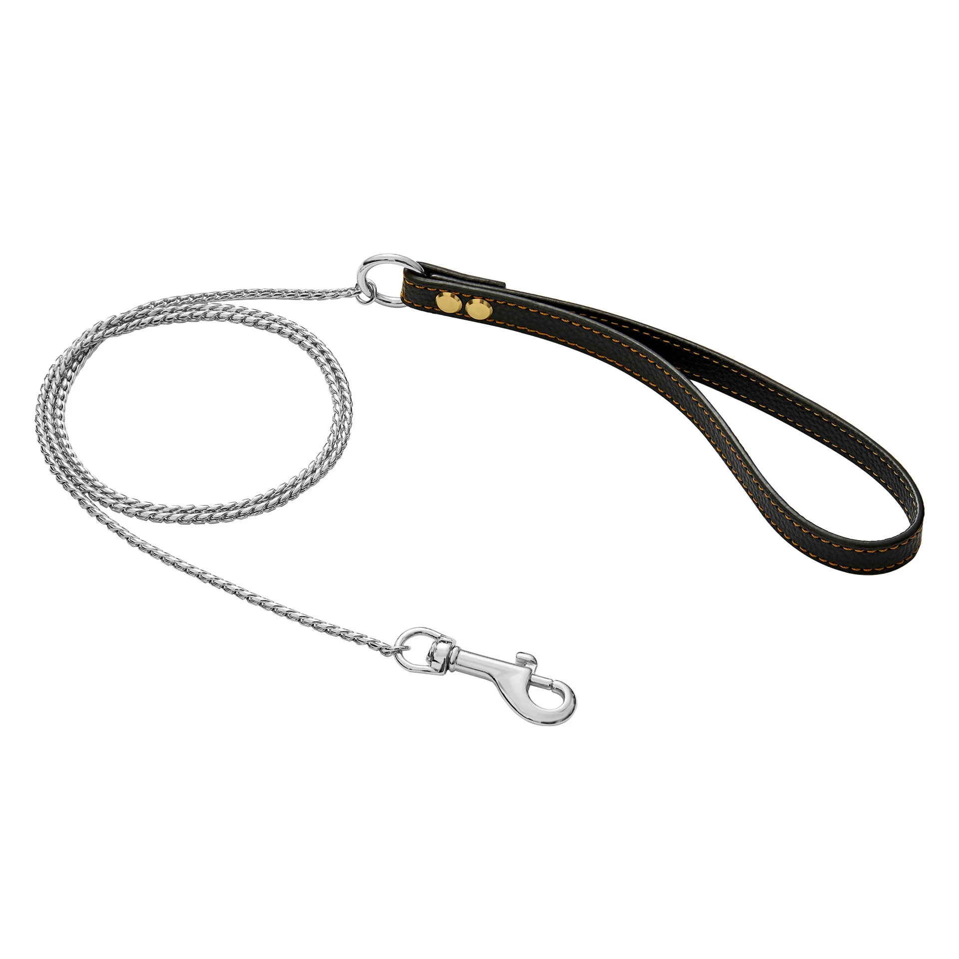 4MM Wide Gold Metal Dog Lead with Leather Handle Stainless Steel Chain 18K Gold Pet Leash Training