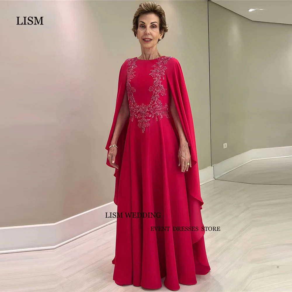 

LISM Mother Red Bride Dresses Beads Evening Gowns Chiffon Applique Jewel Neck Prom Dress Plus Size Wedding Party Dress