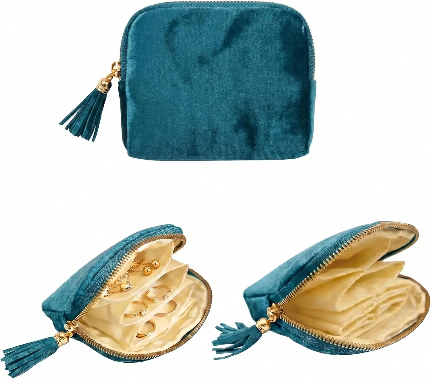 

5.3' x 4.7' Small Travel Jewelry Case, Velvet Pouch with Tassel Zipper, Portable Organizer for Rings