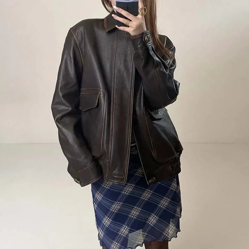 여성용 가을 겨울 브라운 빈티지 가죽 재킷 최상급 양가죽 고품질 숏 길이
