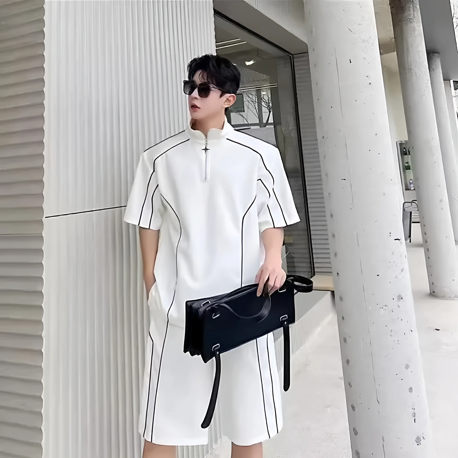 

Large Size 300 Pounds Color Block Casual Sports Set Men Summer Half Zipper Stand Collar Short Sleeve T-Shirt Five Shorts