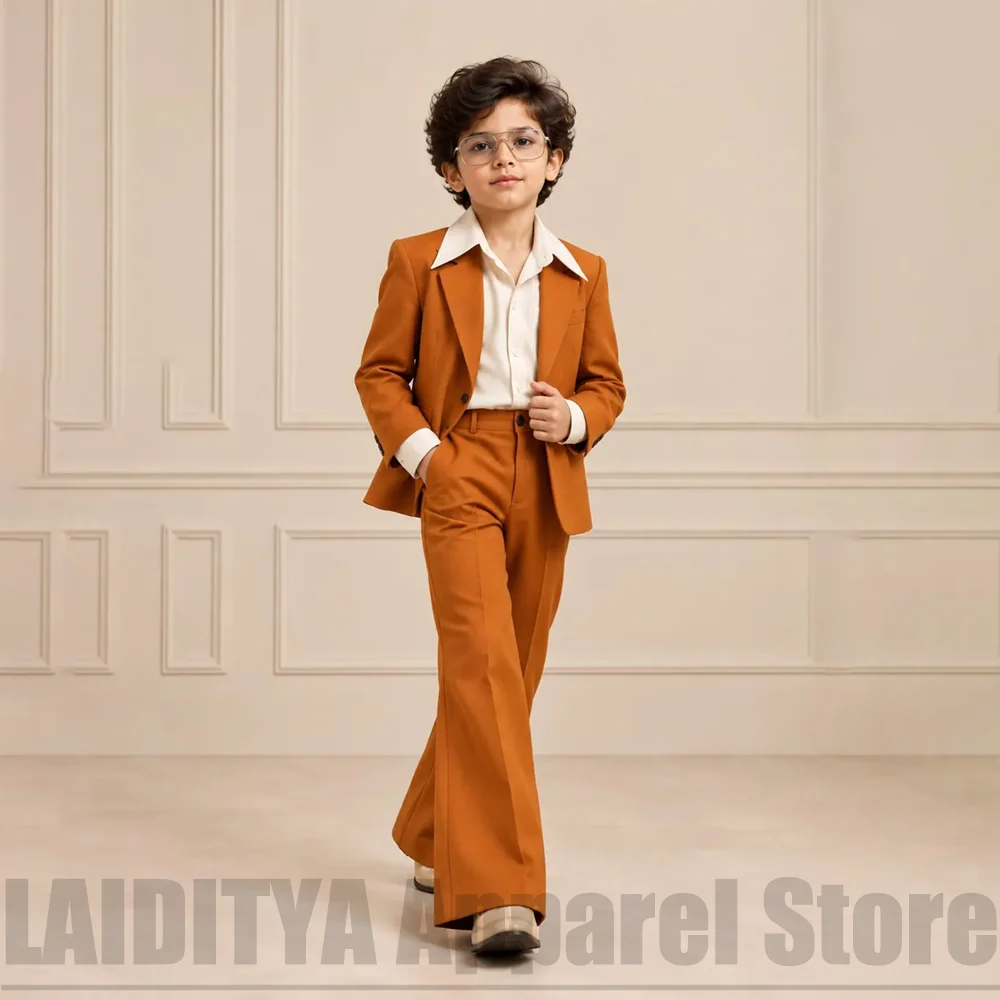 Kids Boys Vintage 2 Piece Suit Notched Collar Blazer Bell Bottom Pants Fashion Outfit For Wedding Birthday Party Tuxedo